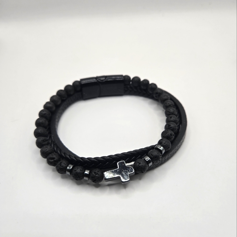 Black Leather 3-layer Beaded Bracelet with Cross Charm